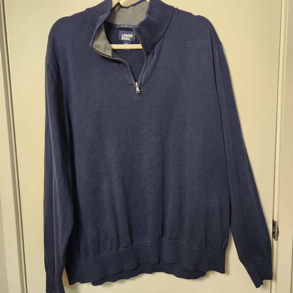 Lands' End Navy Men's Knit 1/4 Zip Sweater‎ 100% Supima Cotton XXL 50-52